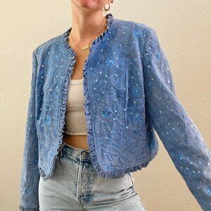 Blue Sequin Embroidered 100% Leather Suede Ruffle Trim Jacket